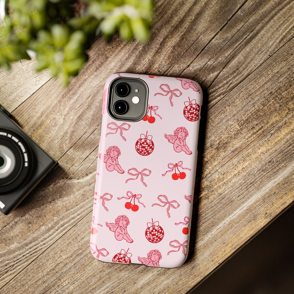 Cupid Cherub Cherry Tough Phone Case — Pink Retro Bow Pattern