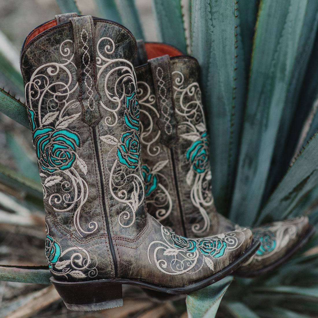Turquoise Rose Inlayed Cowgirl Boots